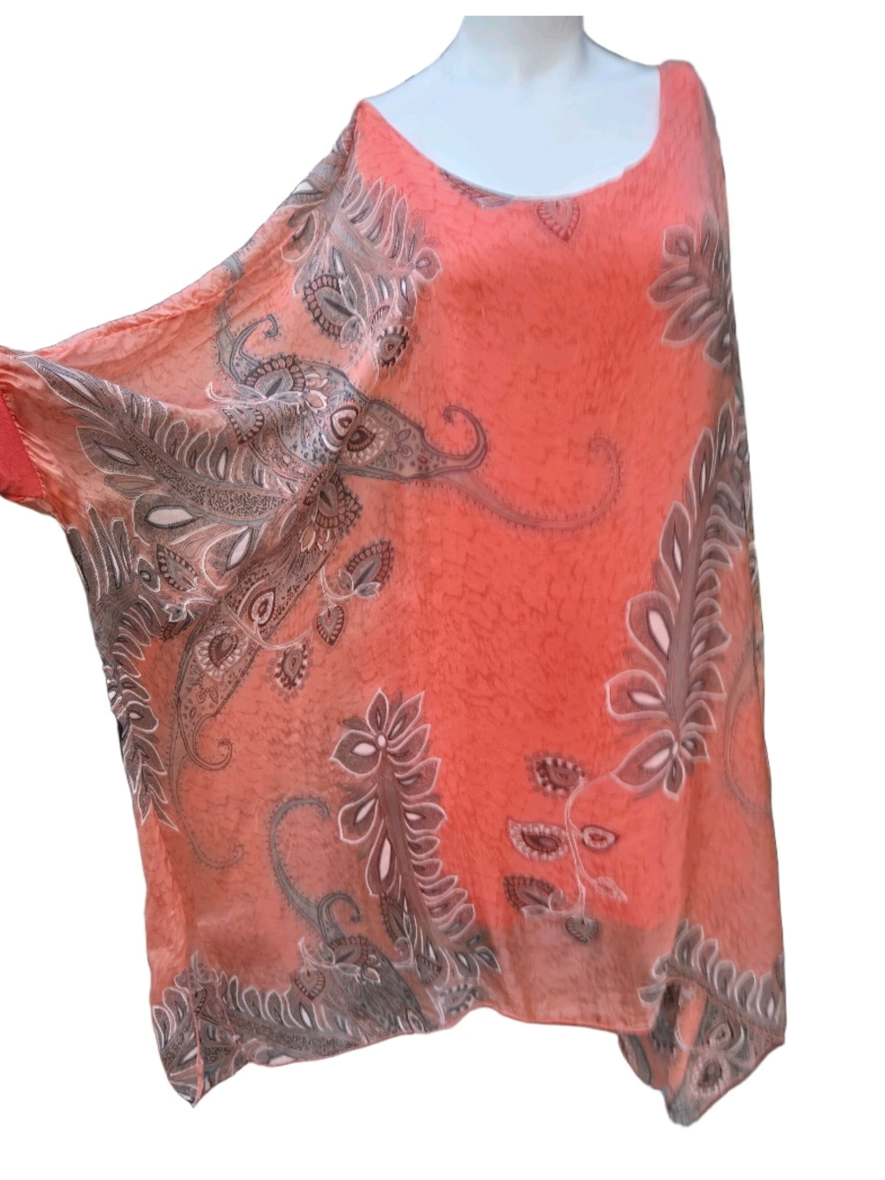 Chic & Mit Silk Poncho Top Coral Paisley Sheer Flowy Kaftan Made in Italy